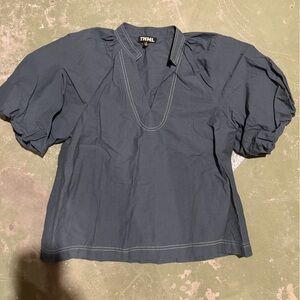 THML Dark Navy Puff-Sleeve V-Neck Top with Contrast Stitching